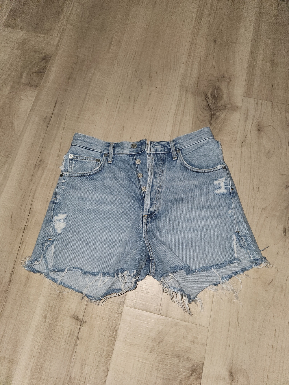 Agolde Light Blue Distressed High-Rise Denim Cutoff Shorts